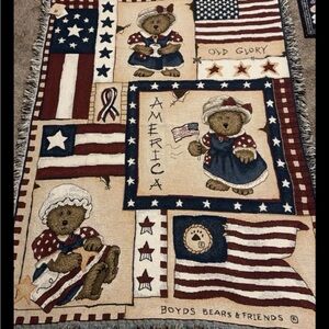 NWT Vintage Boyds Bears "Old Glory" Woven Tapestry Throw Blanket Americana USA